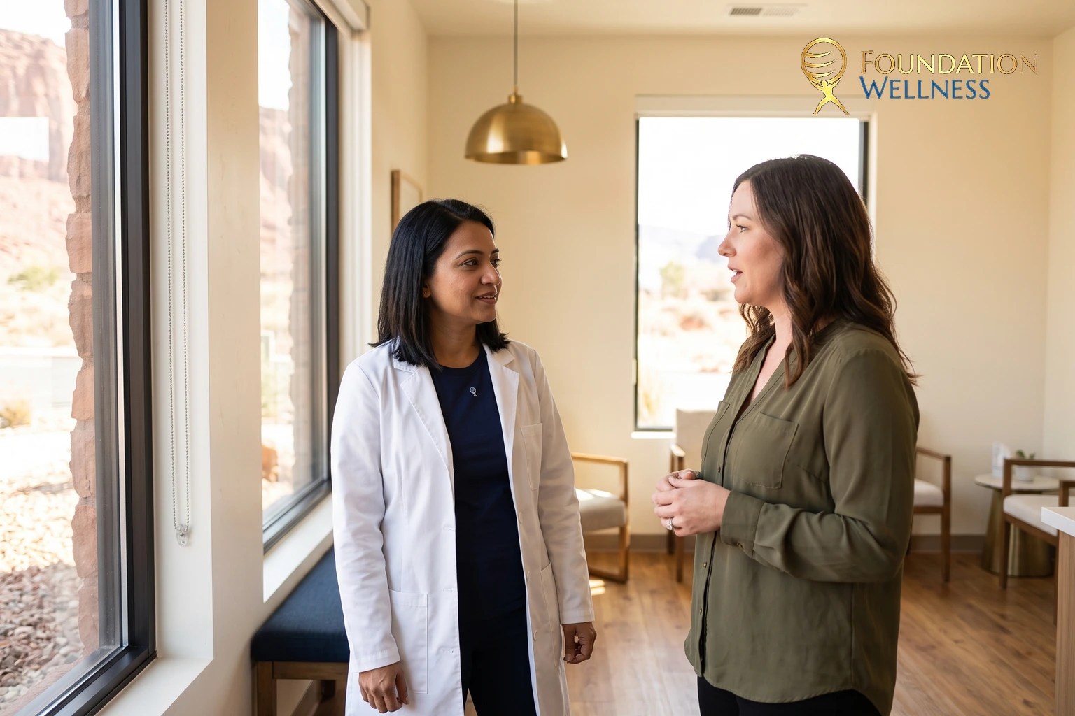 A physician in a white coat standing in conversation with a woman in an olive blouse beside a tall window with red rock outside