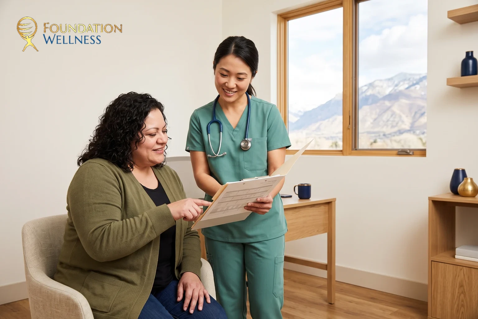 A nurse practitioner in green scrubs holding an open patient chart while a seated woman in an olive cardigan points at one of the pages