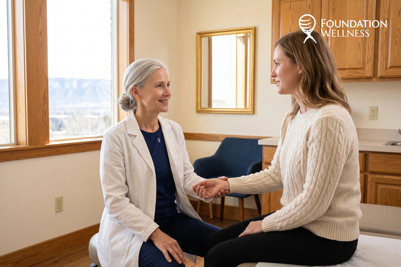 A silver-haired physician seated on a low stool taking the wrist pulse of a woman in a cream cable-knit sweater
