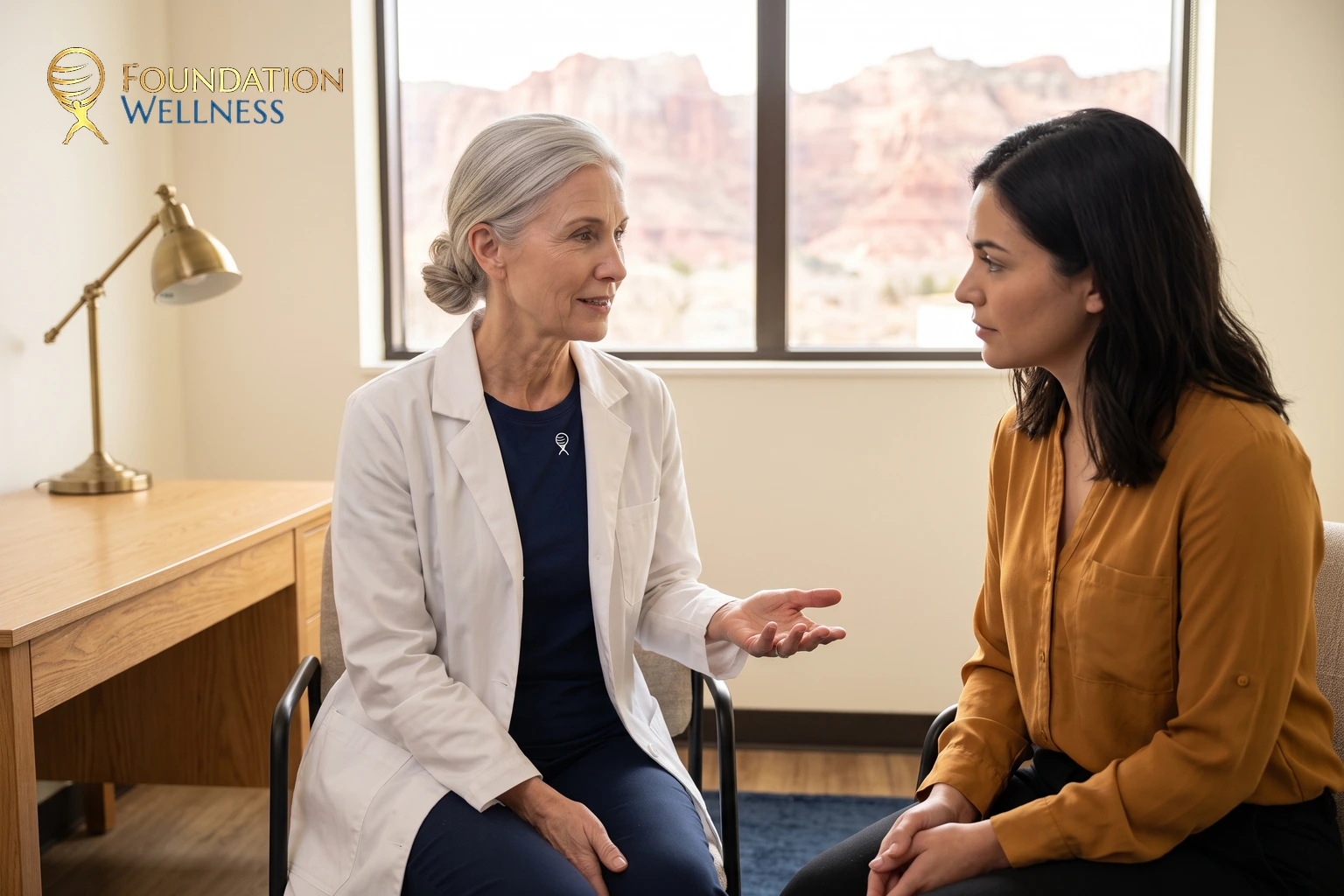 A silver-haired physician in a white coat explaining something with an open hand to a woman in an ochre blouse, red rock through the window