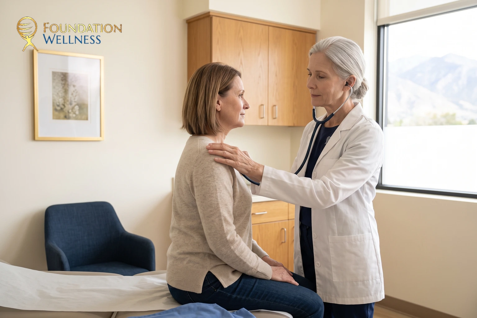 A silver-haired physician listening to the upper back of a woman in an oatmeal sweater through a stethoscope in a bright exam room