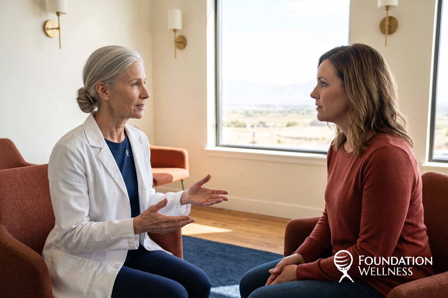 A silver-haired physician in a white coat explaining with both hands open to a woman in a brick-red top, the two seated facing each other