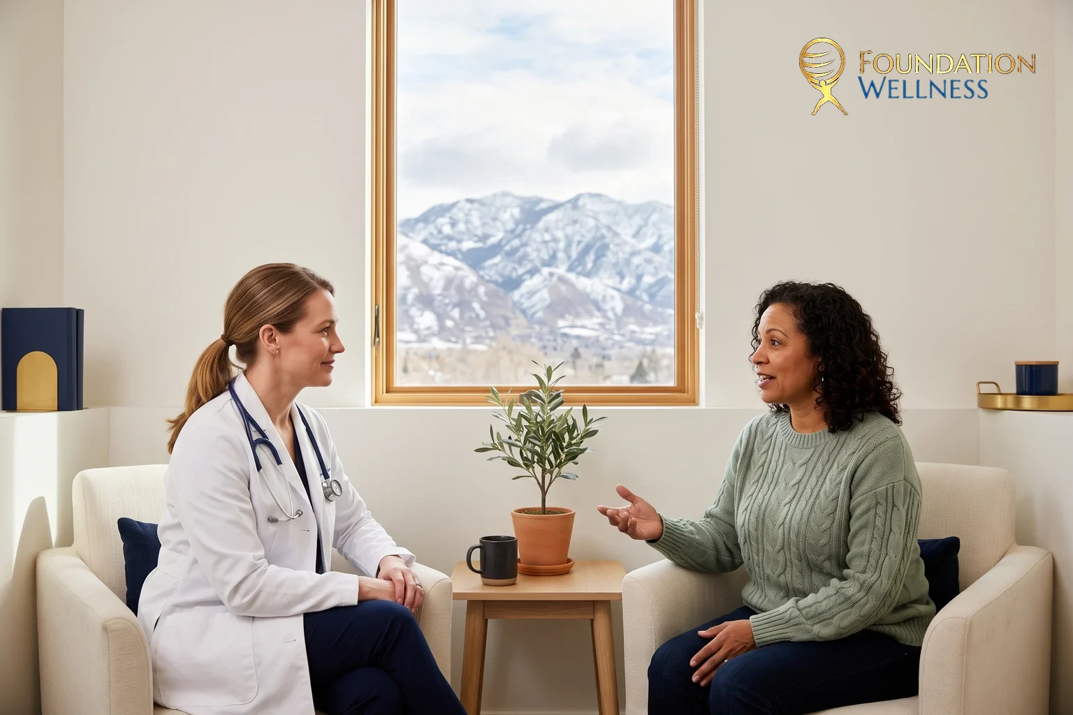 A physician in a white coat leaning forward in a cream armchair listening as a woman in her fifties in a sage sweater describes her symptoms