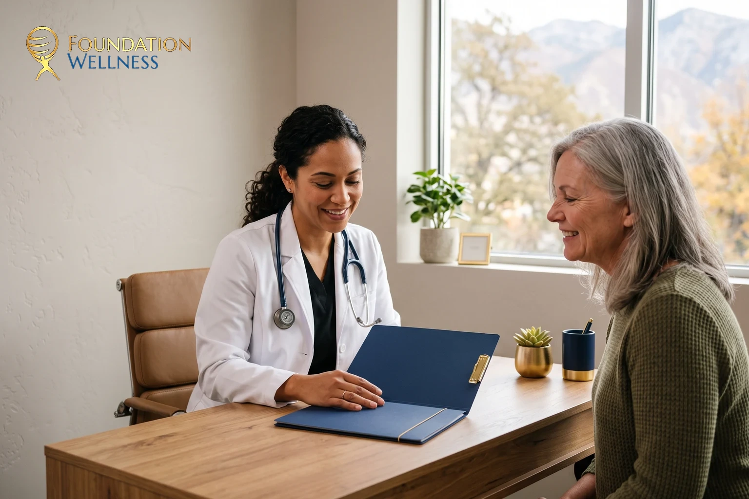 A clinician opening a navy patient chart on the desk while an older woman in a green sweater reads the pages with her
