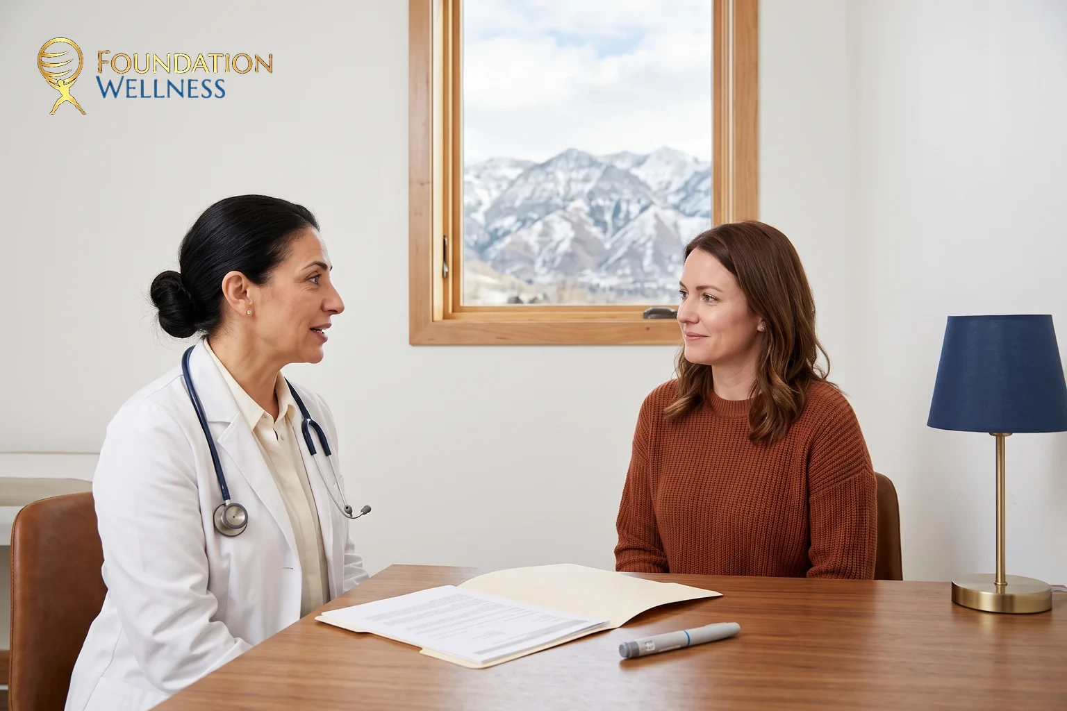 A physician in a white coat with a stethoscope talking across a wooden desk with a woman in a rust sweater, an open folder and a plain injection pen between them and a navy table lamp to one side