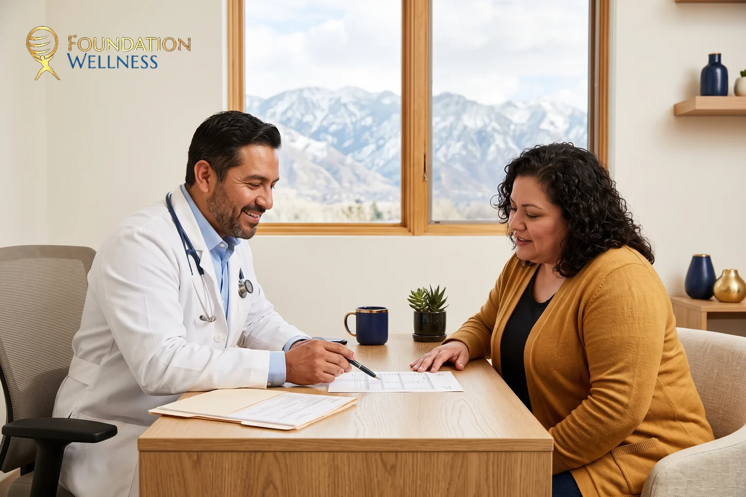 A physician in a white coat pointing his pen at a printed coverage sheet on the desk while a woman in a mustard cardigan follows along, snow-topped mountains through the window behind them