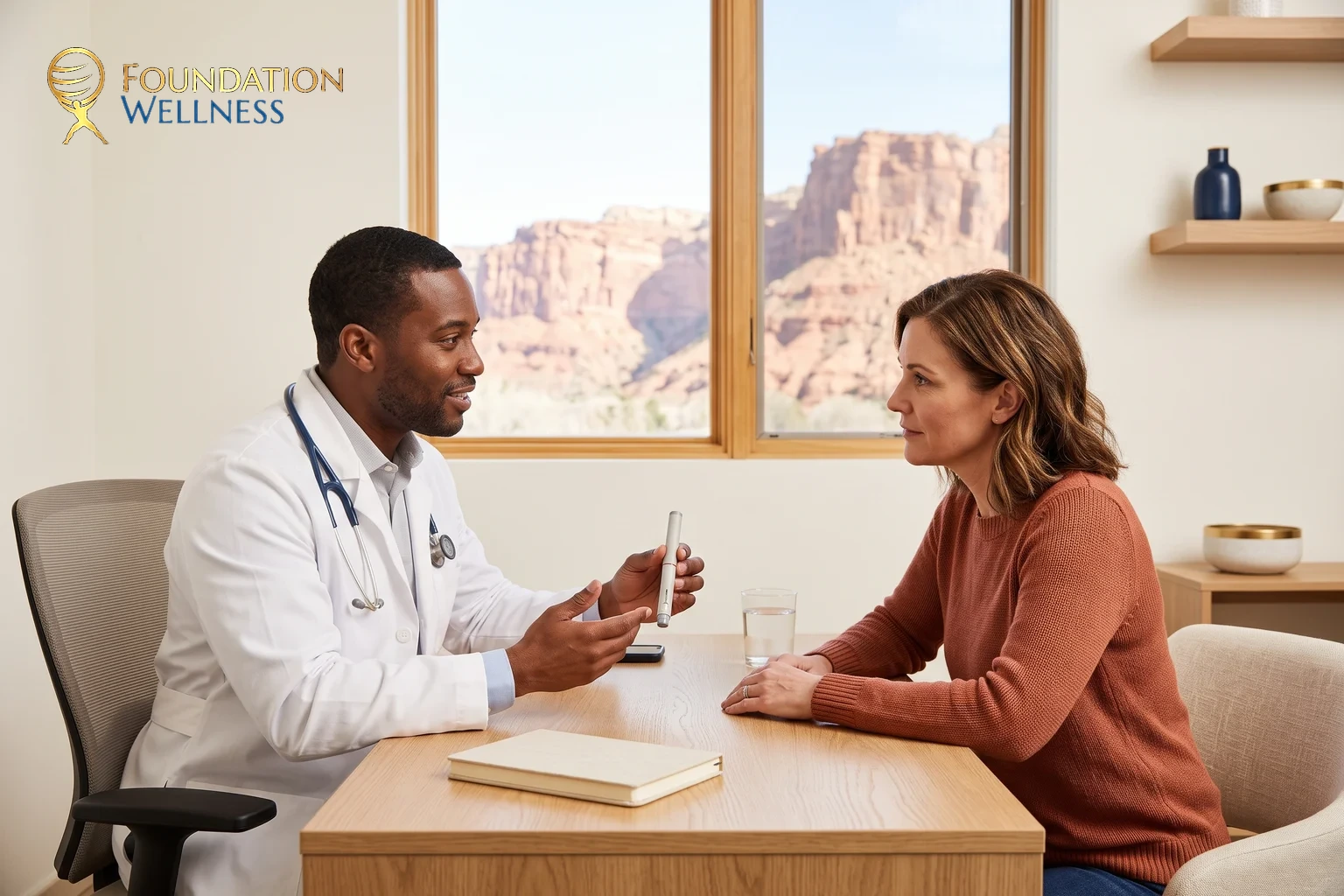 A physician in a white coat holding up a plain injection pen and explaining how it works to a woman in a terracotta sweater seated across the desk