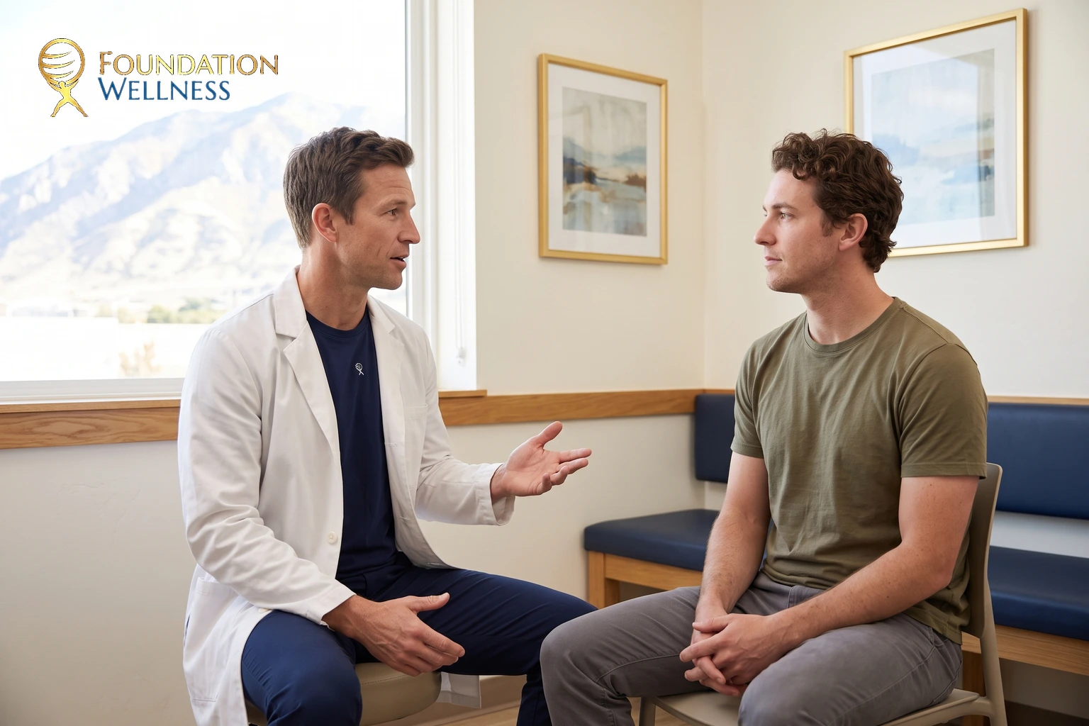 A physician in a white coat seated and explaining with an open hand to a man in an olive t-shirt in the exam chair