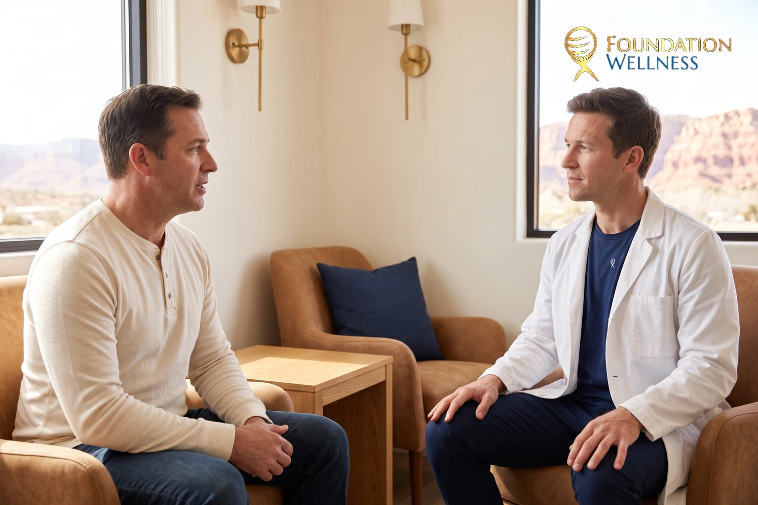 A man in a cream henley talking with a physician in a white coat, the two seated by a window with red rock outside
