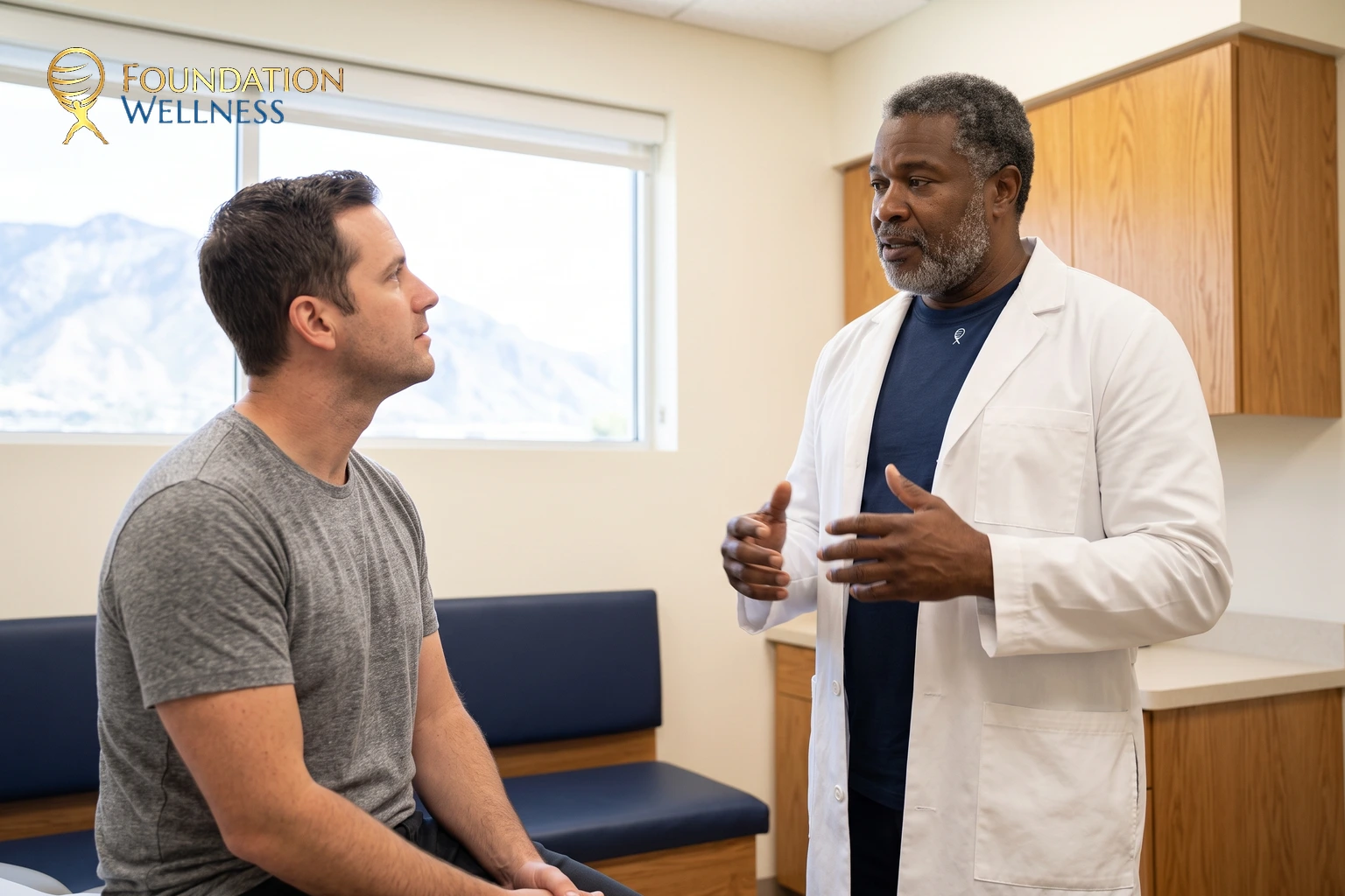 A physician in a white coat standing and explaining with both hands to a man in a grey t-shirt seated on a navy bench