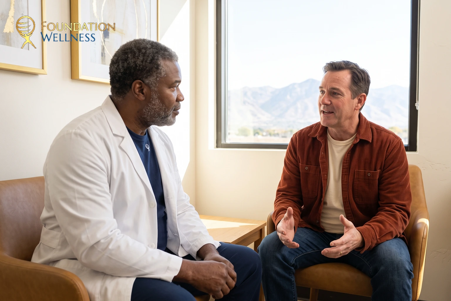 A physician in a white coat sitting knee to knee with a man in a rust corduroy shirt, the two turned toward each other