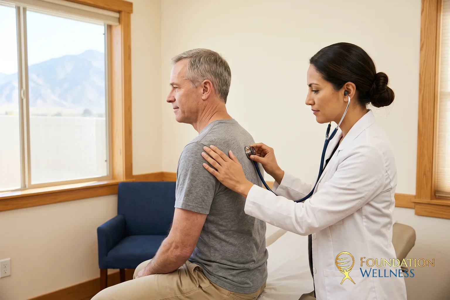 A clinician in a white coat listens to a seated man&rsquo;s upper back through a stethoscope in a bright exam room, one hand resting on his shoulder